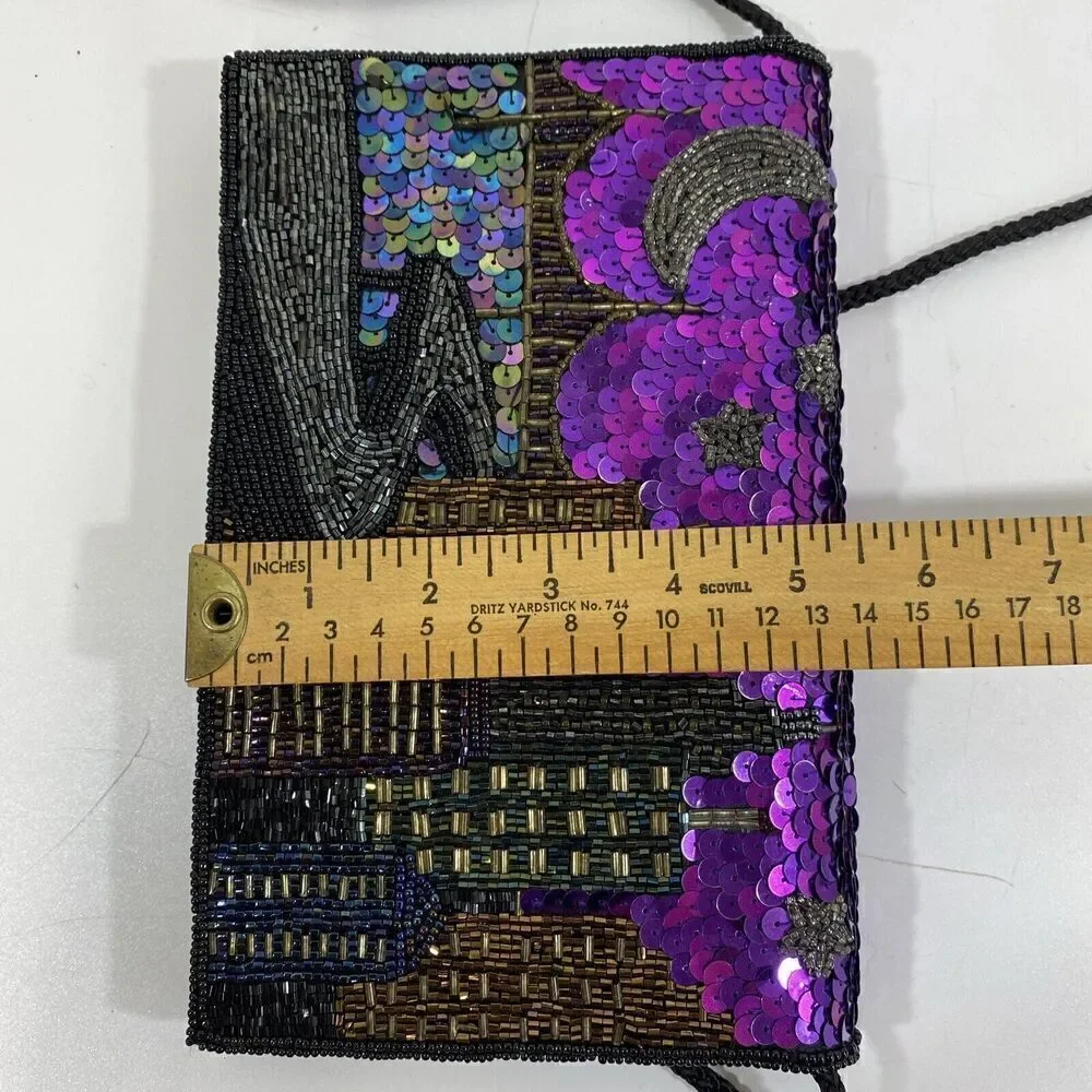 Vtg Formal Clutch Purse Beaded Wearable Art 90s Purple Black City Night Scene